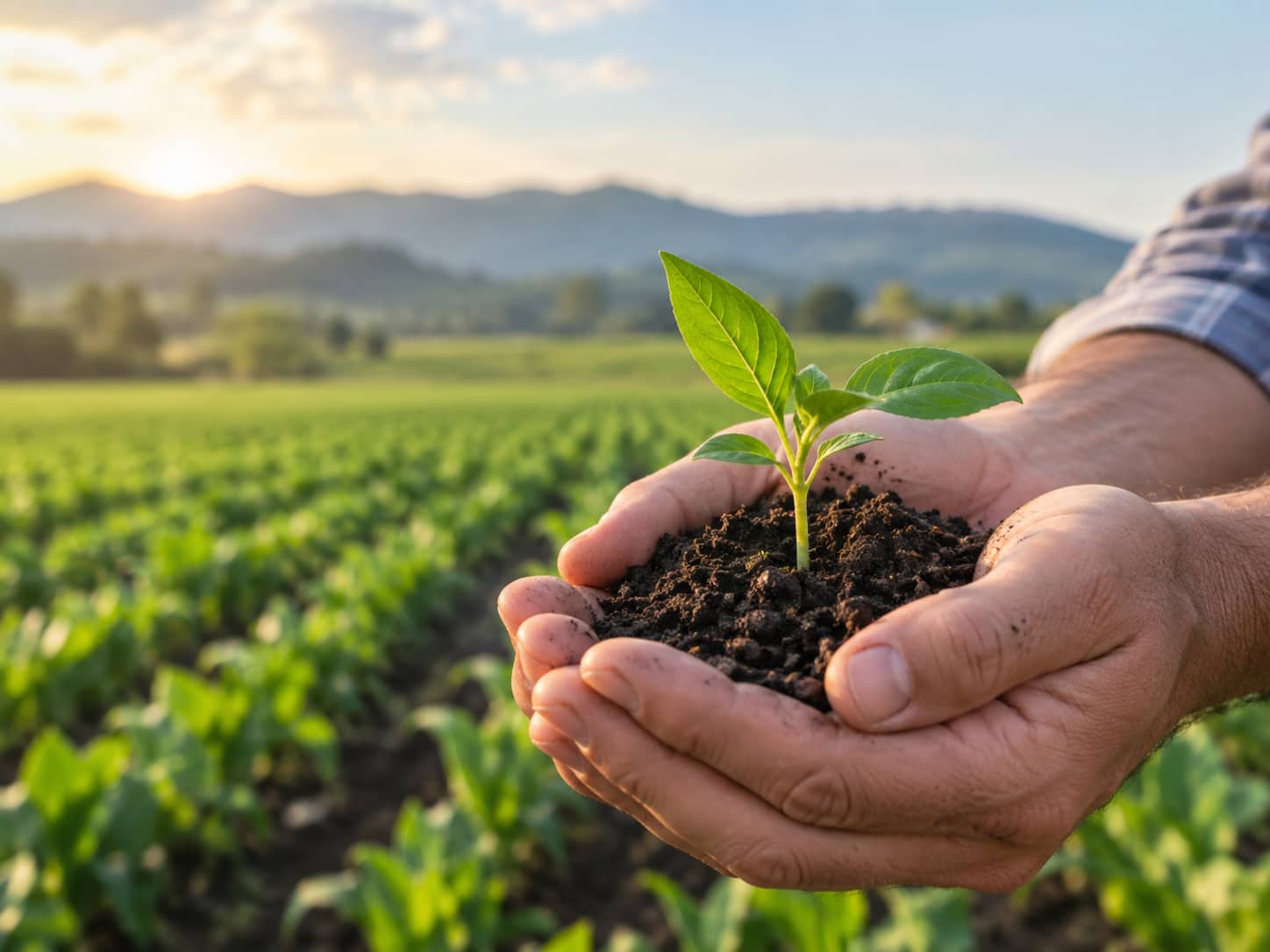Young plant being held over agricultural fields